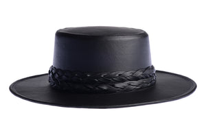 Cordobes hat in black color crafted with an innovative metallic vegan leather made from nopal, finished with double braided trim, right side view