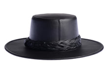Load image into Gallery viewer, Cordobes hat in black color crafted with an innovative metallic vegan leather made from nopal, finished with double braided trim, back view
