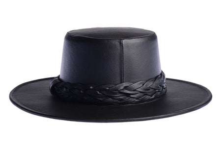 Cordobes hat in black color crafted with an innovative metallic vegan leather made from nopal, finished with double braided trim, back view