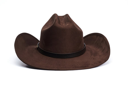 A dark brown cowboy hat with a matching brown band and subtle stitching, photographed from the back on a clean white background.