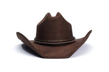 Load image into Gallery viewer, A dark brown cowboy hat with a matching brown band and subtle stitching, photographed from the front on a clean white background.
