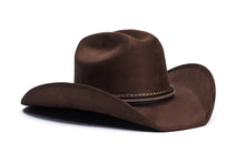 Load image into Gallery viewer, A dark brown cowboy hat with a matching brown band and subtle stitching, photographed from the side on a clean white background.
