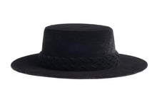 Load image into Gallery viewer, Cordobes hat composed of soft velour fabric in deep black with a matching statement double braid, right side view
