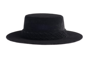 Cordobes hat composed of soft velour fabric in deep black with a matching statement double braid, right side view