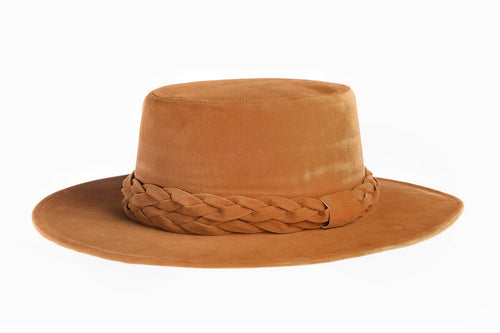 Cordobes vegan velour fabric hat with a double braid trim in camel color, left side view