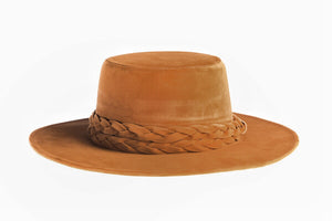 Cordobes vegan velour fabric hat with a double braid trim in camel color, front view