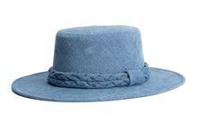 Load image into Gallery viewer, Blue denim hat cordobes style with double braided trim, left side view
