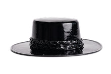 Load image into Gallery viewer, Black patent vegan leather hat cordobes style with double braided trim, right side view
