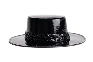 Black patent vegan leather hat cordobes style with double braided trim, right side view