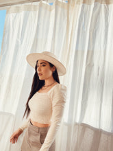 Load image into Gallery viewer, Gilr wearing a white suede hat with a boater crown
