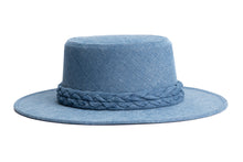 Load image into Gallery viewer, Blue denim hat cordobes style with double braided trim, right side view
