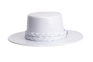 Cordobes white patent vegan leather hat with a white double braid trim, front view