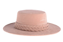 Load image into Gallery viewer, Soft pink hat composed of soft velour fabric with a double braid, right side view
