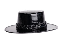 Load image into Gallery viewer, Black patent vegan leather hat cordobes style with double braided trim, left side view
