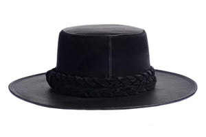 Hat swathed in rich black velour fabric and a brim made of black synthetic leather with a double braid velour trim, back view