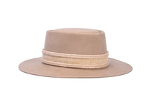Load image into Gallery viewer, Hat made of the finest camel tan wool with a hand elaborated bow composed of jute fiber trim, left side view
