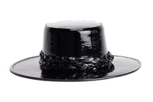 Load image into Gallery viewer, Black patent vegan leather hat cordobes style with double braided trim, front view
