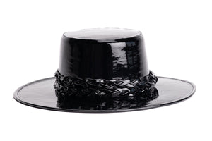 Black patent vegan leather hat cordobes style with double braided trim, front view