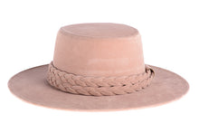 Load image into Gallery viewer, Soft pink hat composed of soft velour fabric with a double braid, front view
