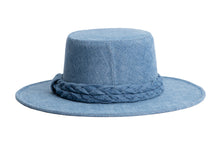 Load image into Gallery viewer, Blue denim hat cordobes style with double braided trim, back view
