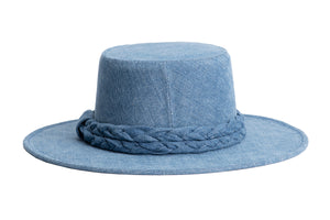 Blue denim hat cordobes style with double braided trim, back view
