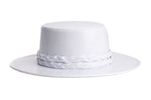 Load image into Gallery viewer, Cordobes white patent vegan leather hat with a white double braid trim, right side view
