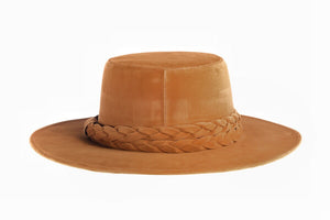 Cordobes vegan velour fabric hat with a double braid trim in camel color, back view
