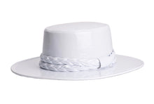Load image into Gallery viewer, Cordobes white patent vegan leather hat with a white double braid trim, left side view
