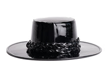 Load image into Gallery viewer, Black patent vegan leather hat cordobes style with double braided trim, back view
