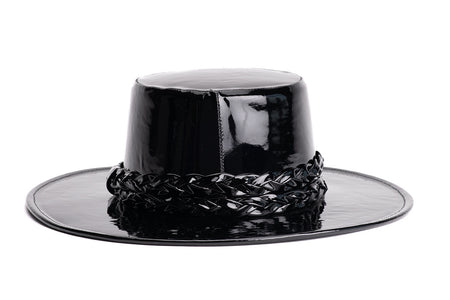 Black patent vegan leather hat cordobes style with double braided trim, back view