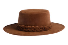 Load image into Gallery viewer, Brown hat composed of soft velour fabric with a double braid, left side view
