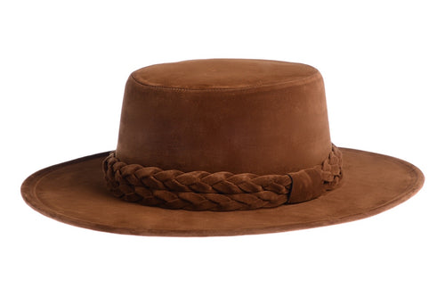Brown hat composed of soft velour fabric with a double braid, left side view