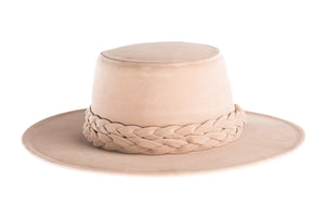 Nude cordobes hat made of soft velour fabric with a statement double braid trim, front view