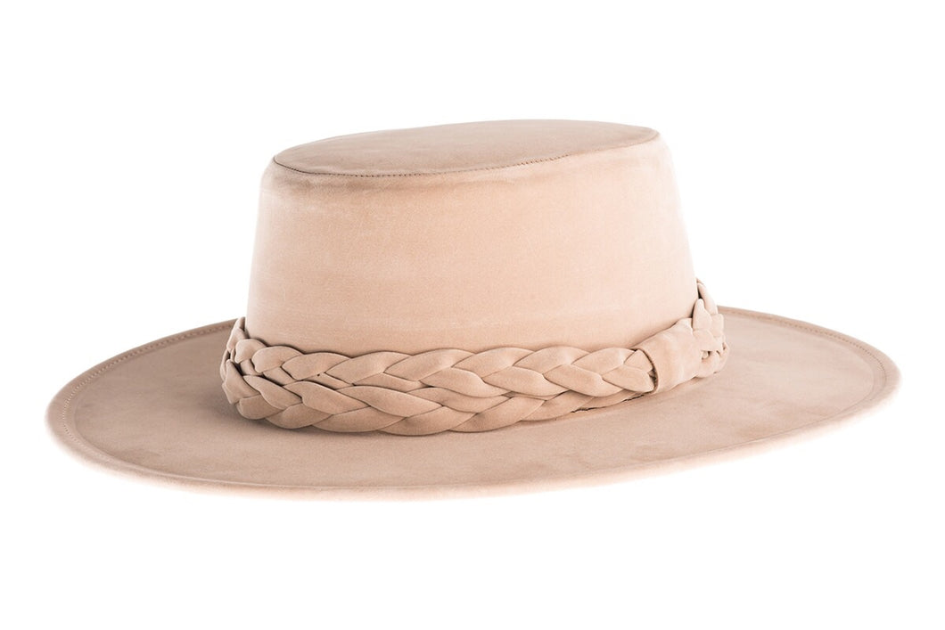 Nude cordobes hat made of soft velour fabric with a statement double braid trim, left side view