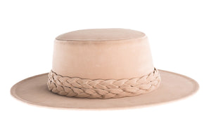 Nude cordobes hat made of soft velour fabric with a statement double braid trim, right side view
