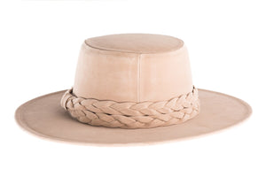 Nude cordobes hat made of soft velour fabric with a statement double braid trim, back view