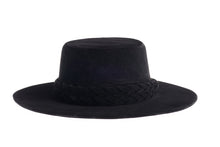 Load image into Gallery viewer, Cordobes hat composed of soft velour fabric in deep black with a matching statement double braid, front view
