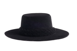 Cordobes hat composed of soft velour fabric in deep black with a matching statement double braid, front view