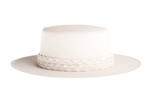 White vegan leather hat cordobes style with double braided trim, right side view