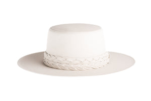 White vegan leather hat cordobes style with double braided trim, front view
