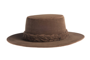 Brown hat cordobes style made of vegan velour fabric with double braided trim, left side view